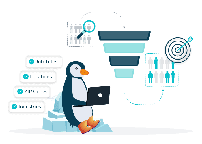 Lead sorting with advanced filters for job titles, locations, ZIP codes, and industries.