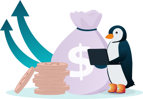 Penguin with laptop beside money bag and coins, symbolizing RevOps growth.