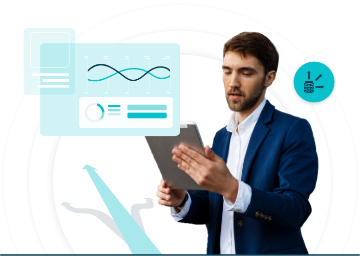 Businessman analyzing data on a tablet with growth charts and analytics