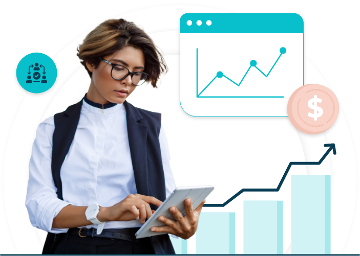 Businesswoman using a tablet with data charts highlighting revenue insights.