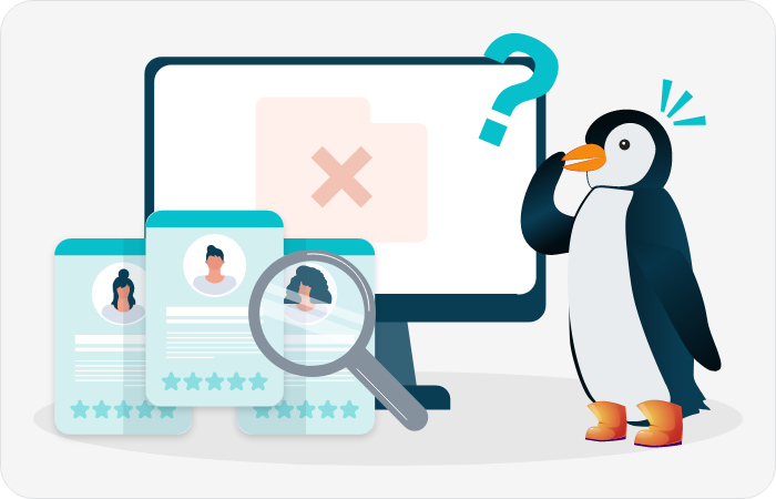 Illustration of a penguin puzzled by incomplete candidate data on a computer screen