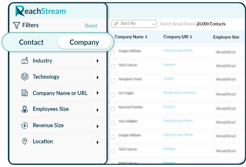 Filter company and contact profiles with ReachStream’s 15+ advanced filters.