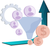 funnel generating leads with dollar symbol representing revenue growth.