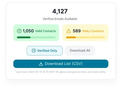 Reachstream Interface For Exporting Verified Contact Lists With A Breakdown Of Valid And Risky Leads.