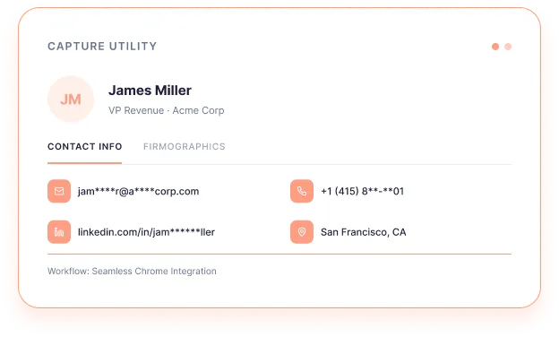 Reachstream Capture Utility Showing Prospect Contact And Firmographic Data Enrichment Via Seamless Chrome Extension