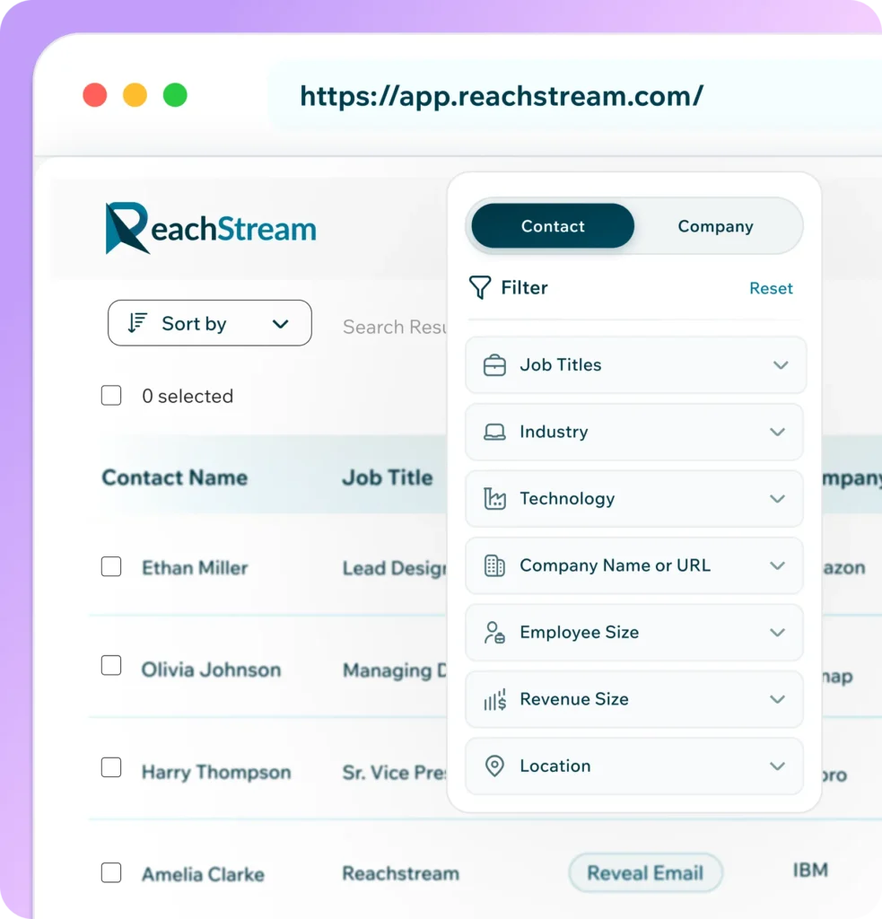 Reachstream Contact Prospecting Dashboard With Advanced Filters