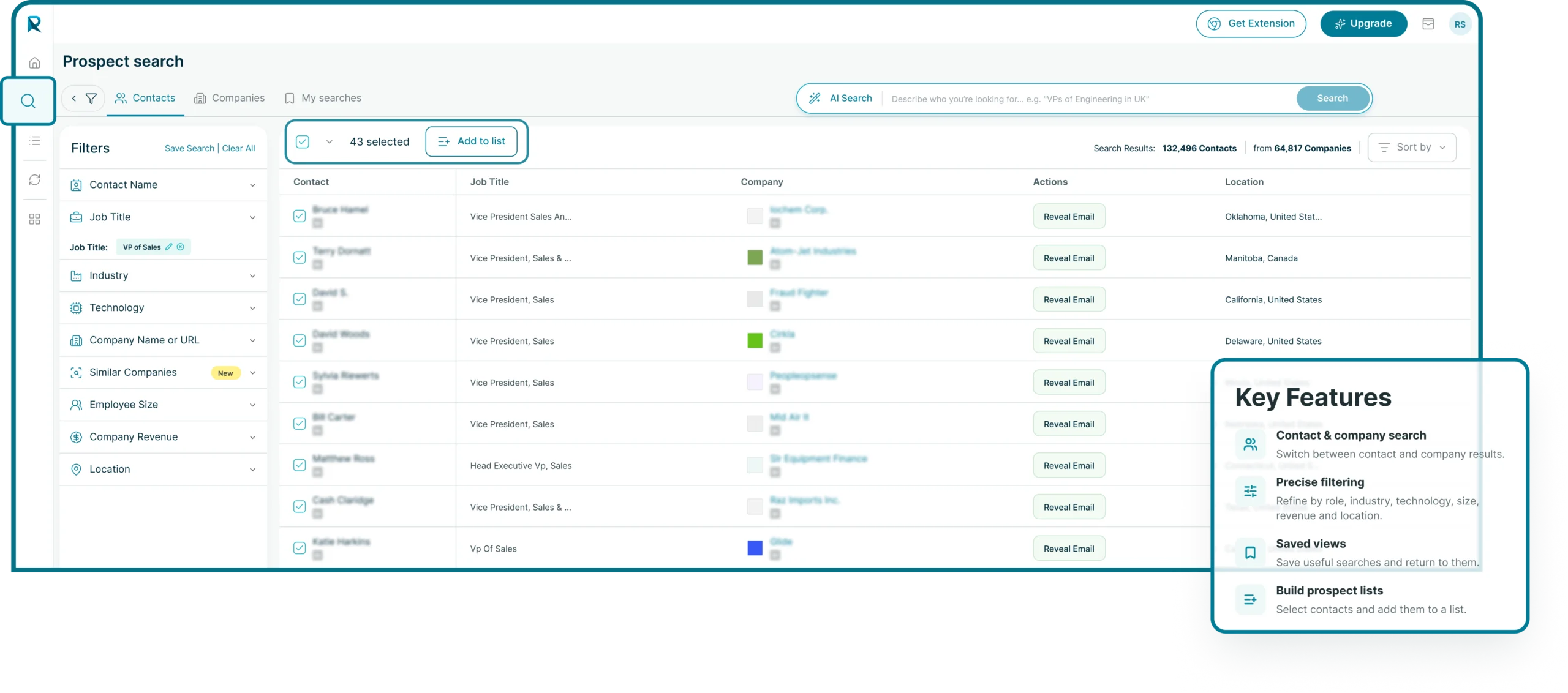 Reachstream B2B Prospecting Platform Dashboard For Lead Search, Filters, And Email Discovery